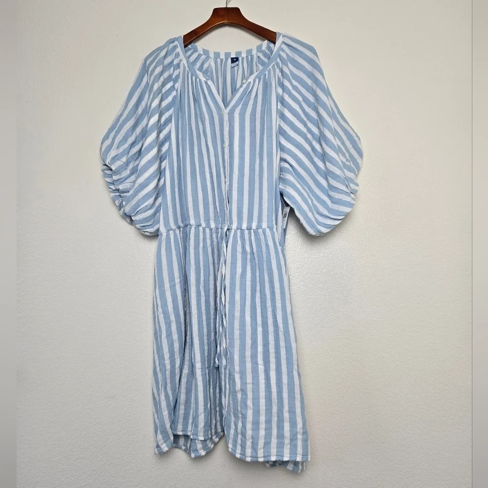 NWT Old Navy Waist Defined Puff Sleeve Light Blue Stripe Dress‎ Plus Size 3X